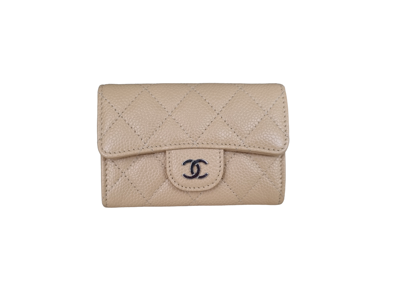 Chanel Kartenetui mit Patte - Kaviarleder - Beige - Silberne Hardware