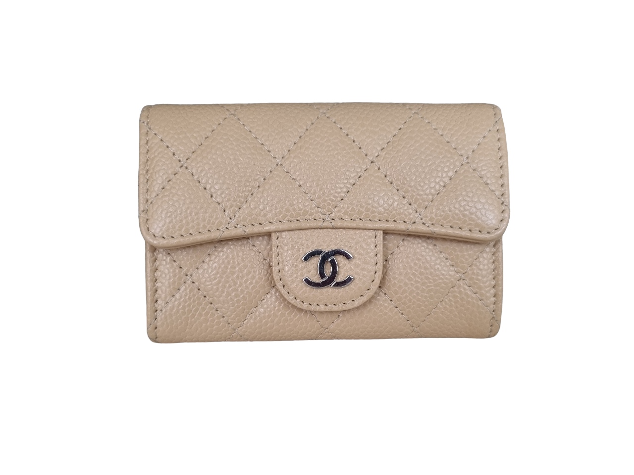 Chanel Kartenetui mit Patte - Kaviarleder - Beige - Silberne Hardware