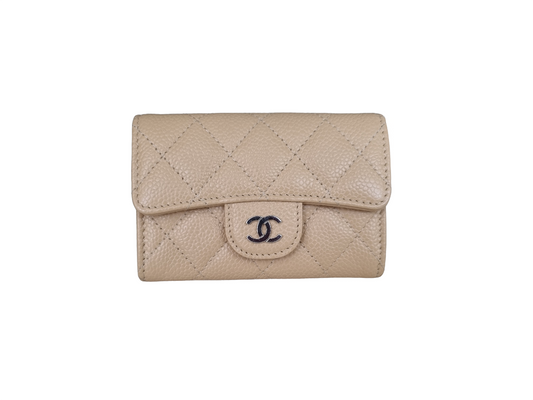 Chanel Kartenetui mit Patte - Kaviarleder - Beige - Silberne Hardware